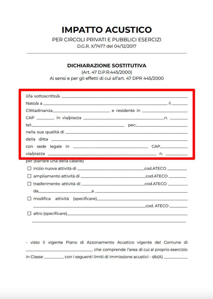 Prima parte della dichiarazione sostitutiva: sezione dei dati personali