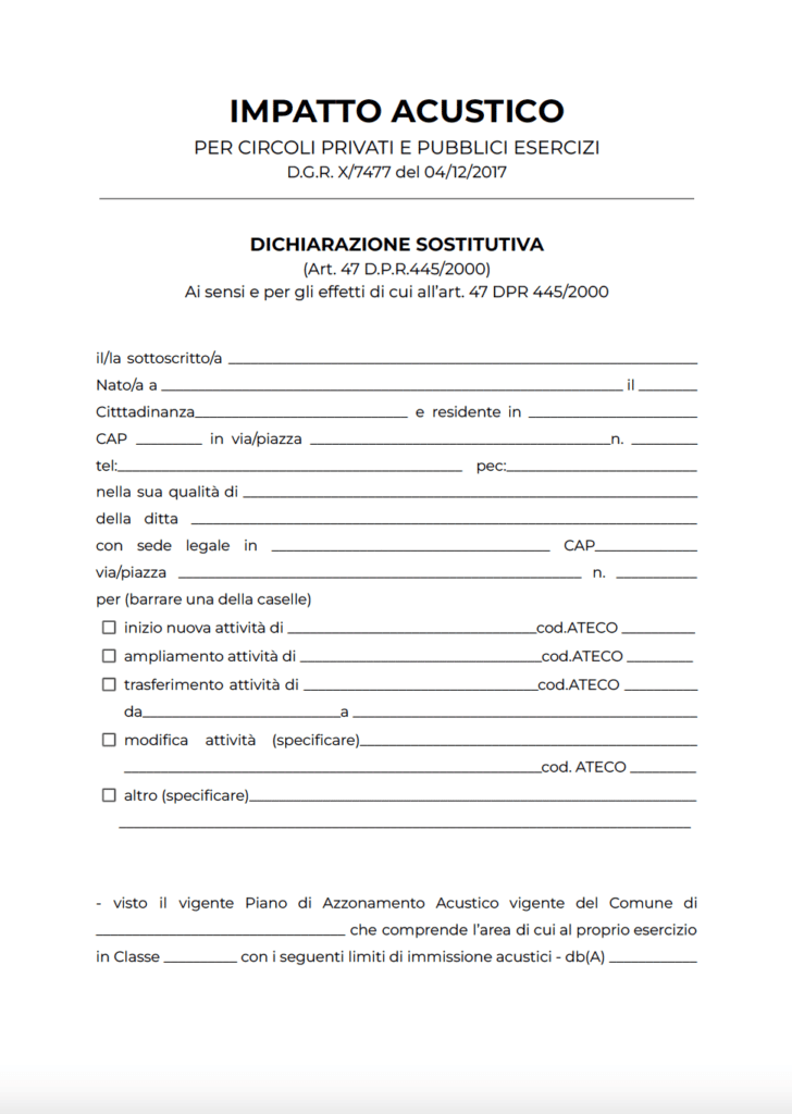 Prima pagina del modulo di autocertificazione di impatto acustico