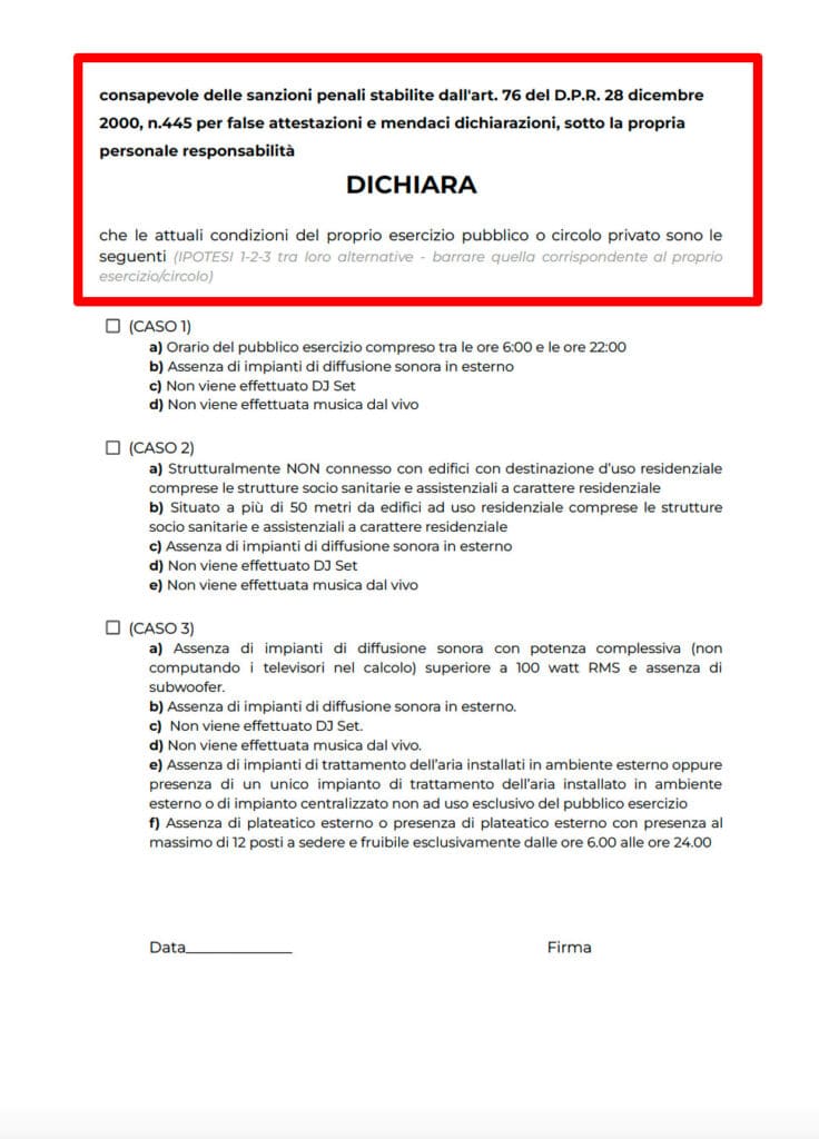 Pagina della dichiarazione nel modulo di autocertificazione