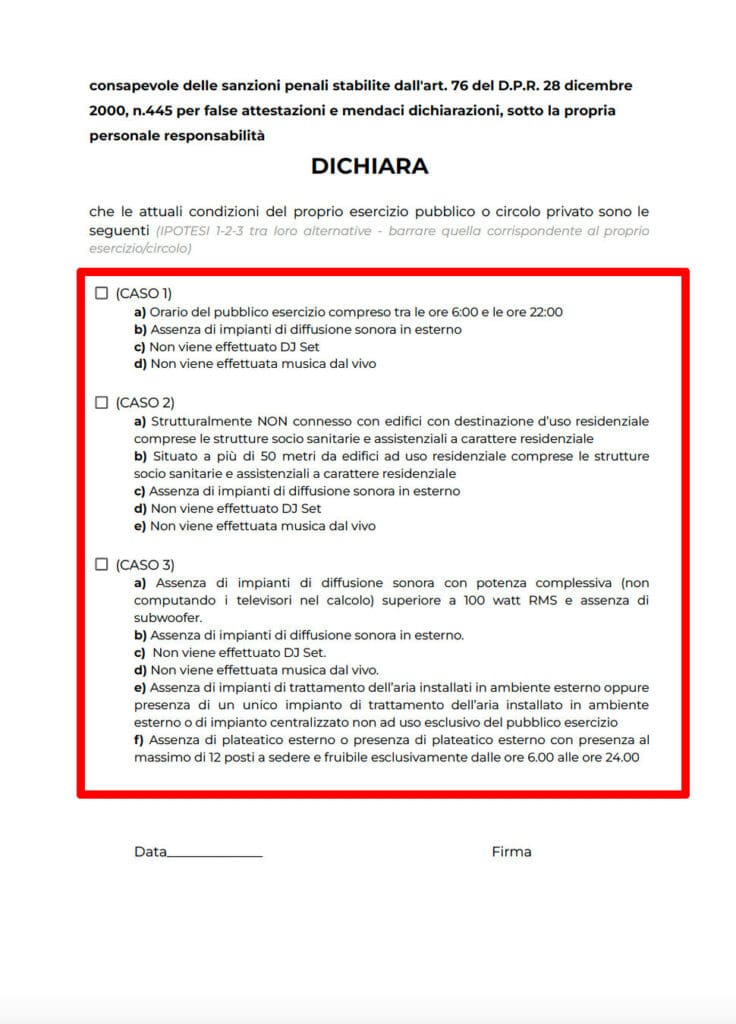 Sezione del modulo con le tre casistiche da barrare