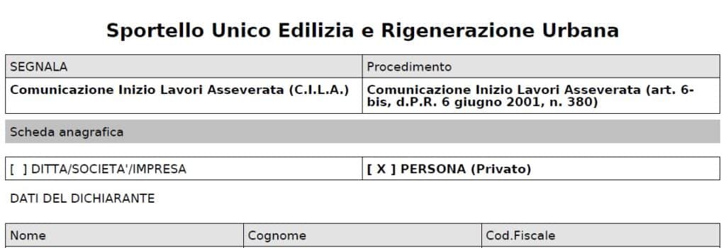 Frontespizio di una CILA del Comune di Milano