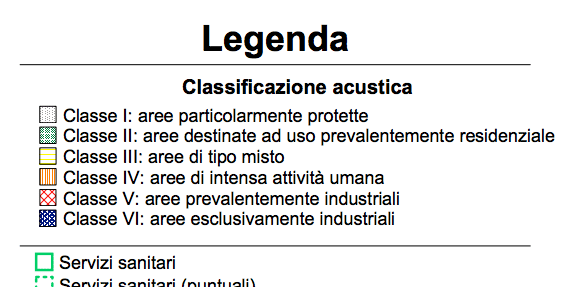 Stralcio della legenda della zonizzazione acustica di Milano