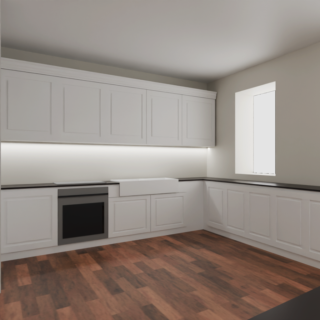 Cucina su misura bianca con piano scuro, render di progetto